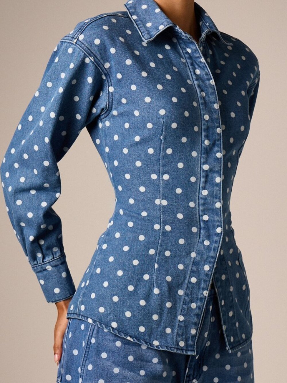 Blue Casual Women's Polka Dot Denim Long Sleeve Cinched Waist Shirt